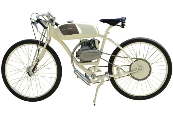 A cream Derringer board-track-style motorized bicycle in profile